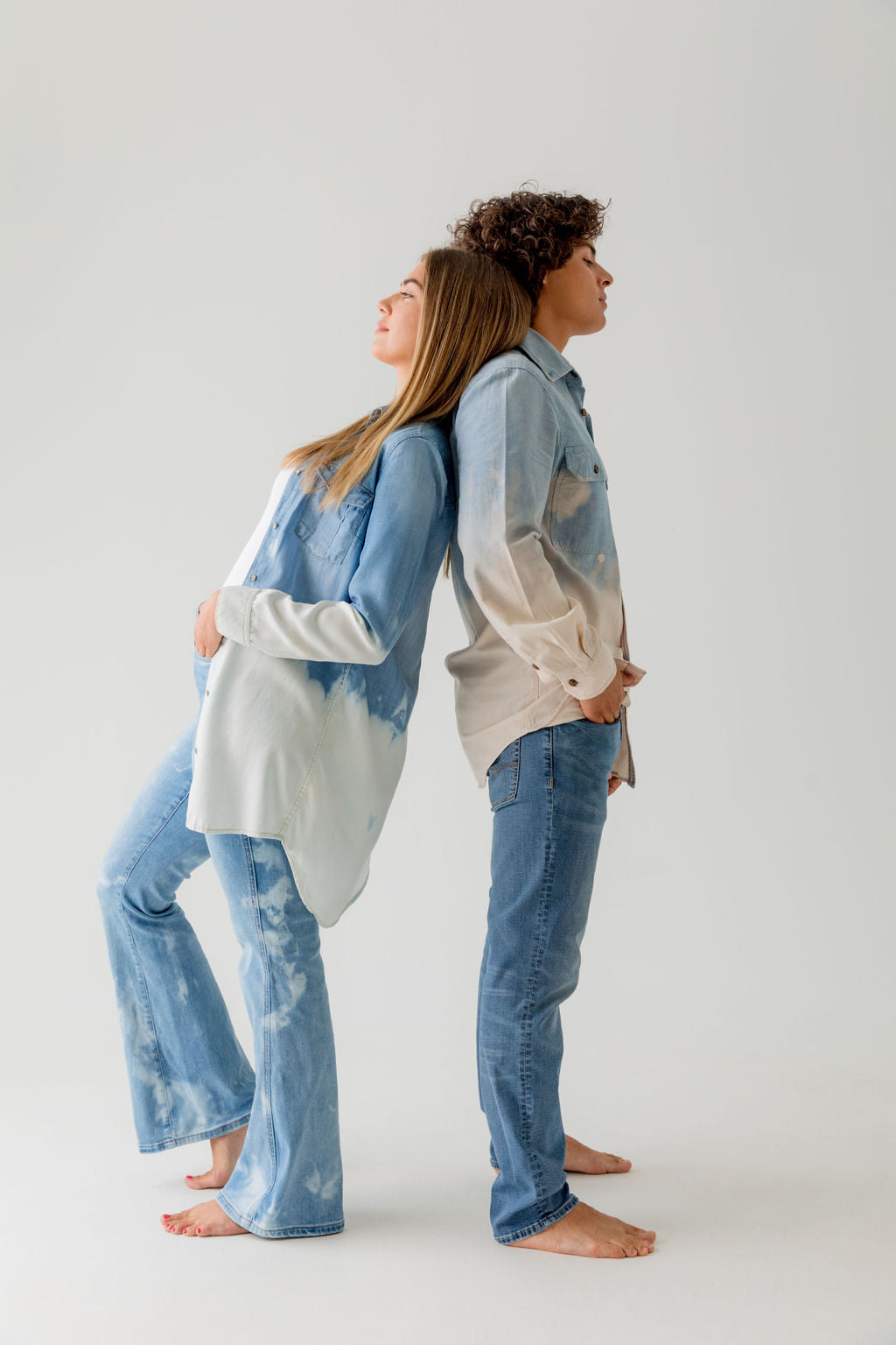 woman and man wearing bleached denim shirts and jeans