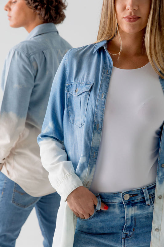 woman and man wearing bleached denim shirts and jeans