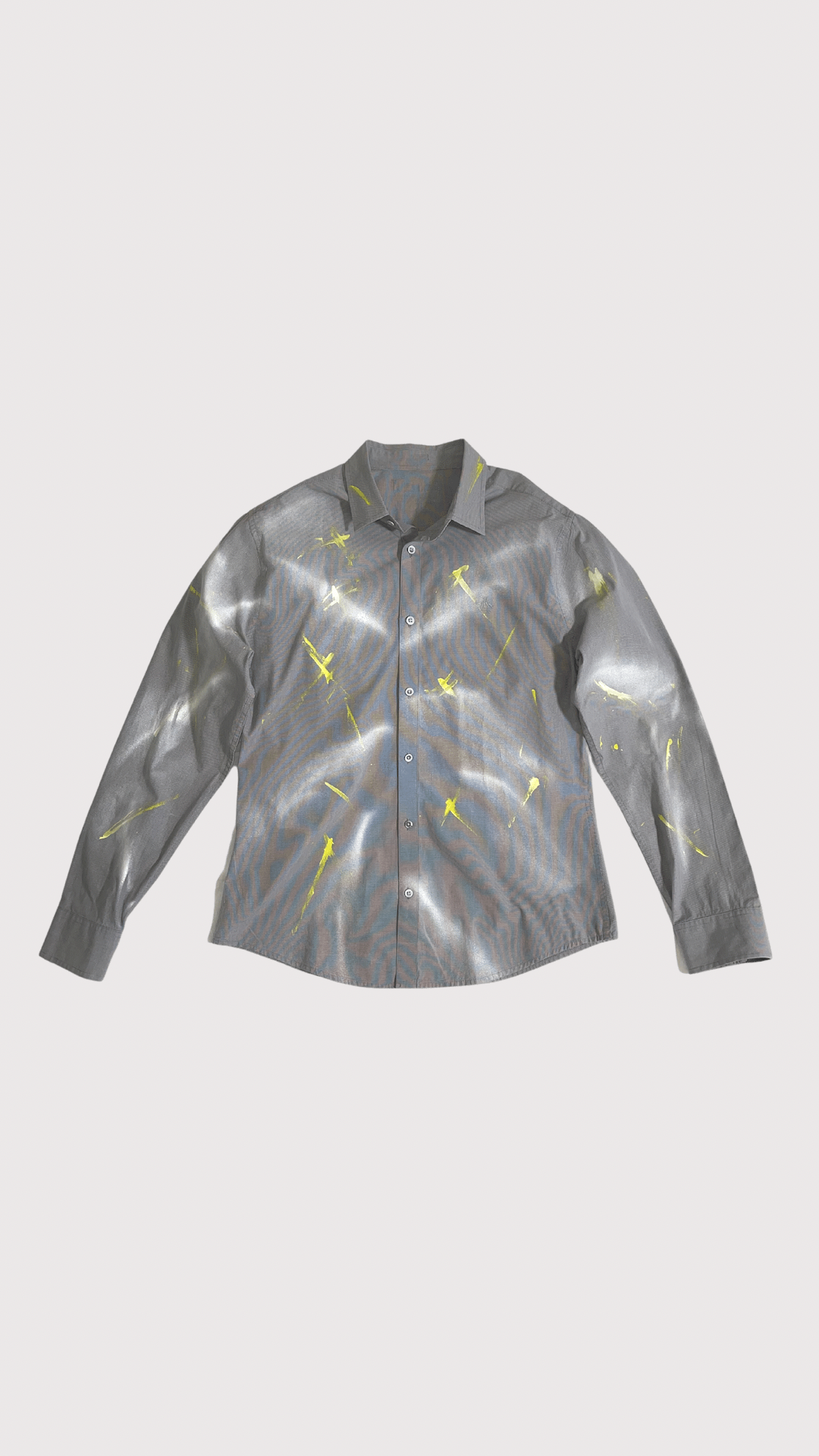 Men's upcycled gray button down with white and yellow paint splatters