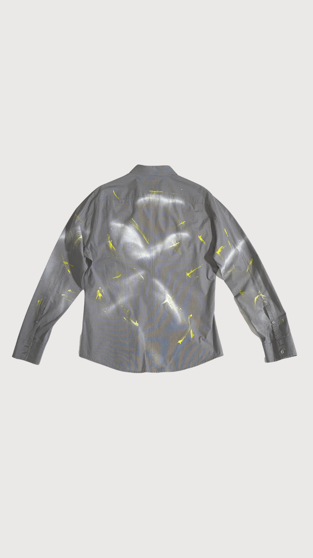 Men's upcycled gray button down with white and yellow paint splatters