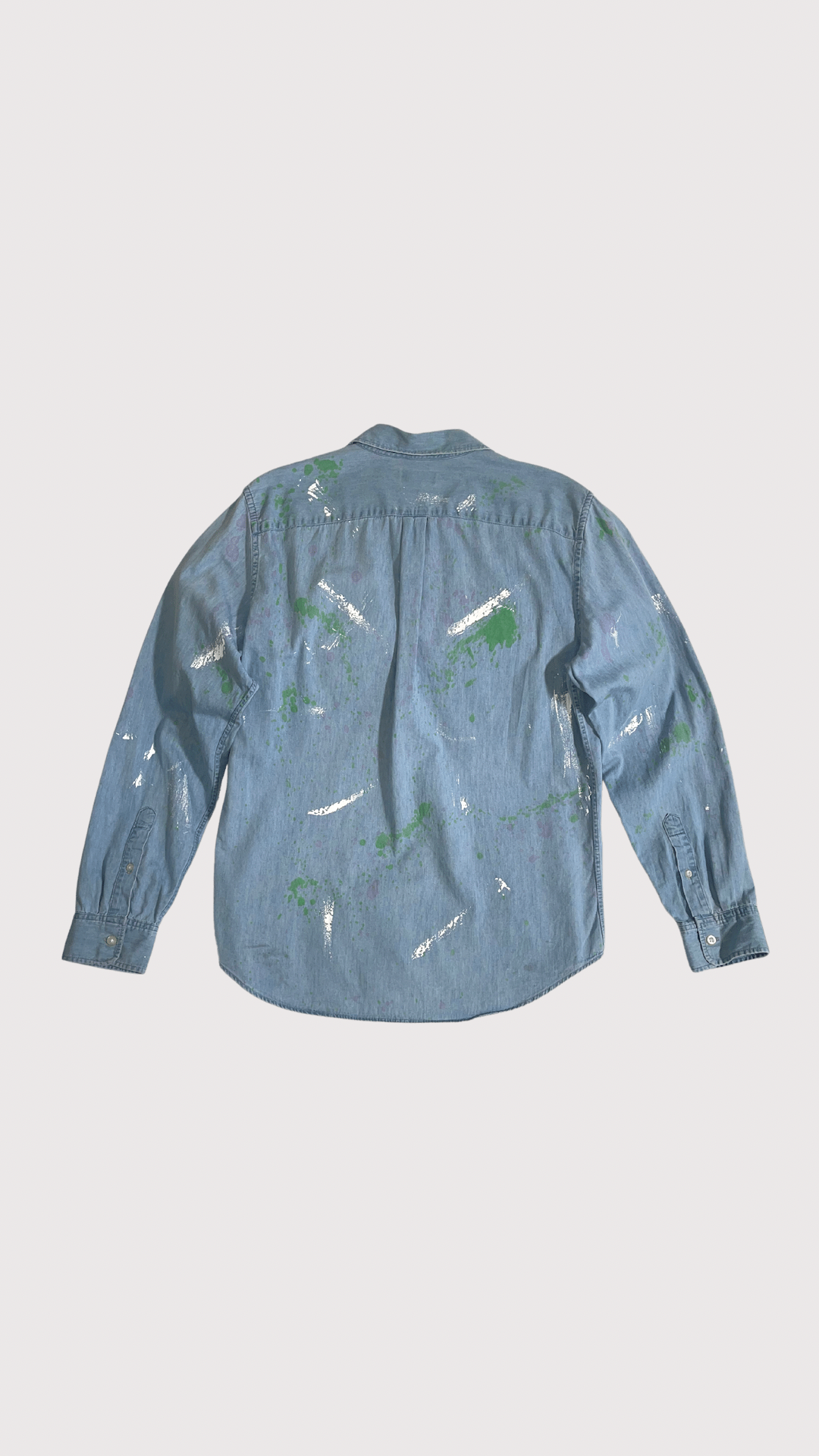 Men's upcycled denim button down with paint splatters