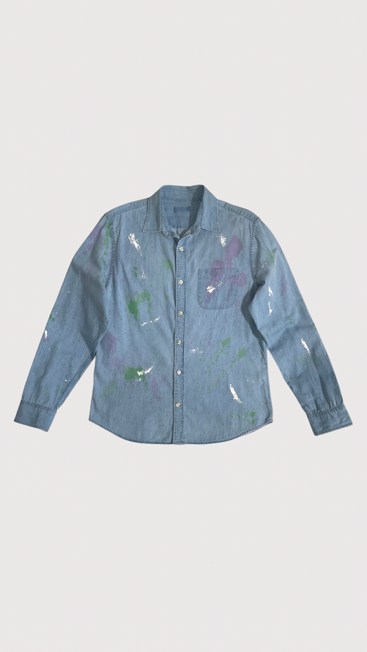 Men's upcycled denim button down with paint splatters