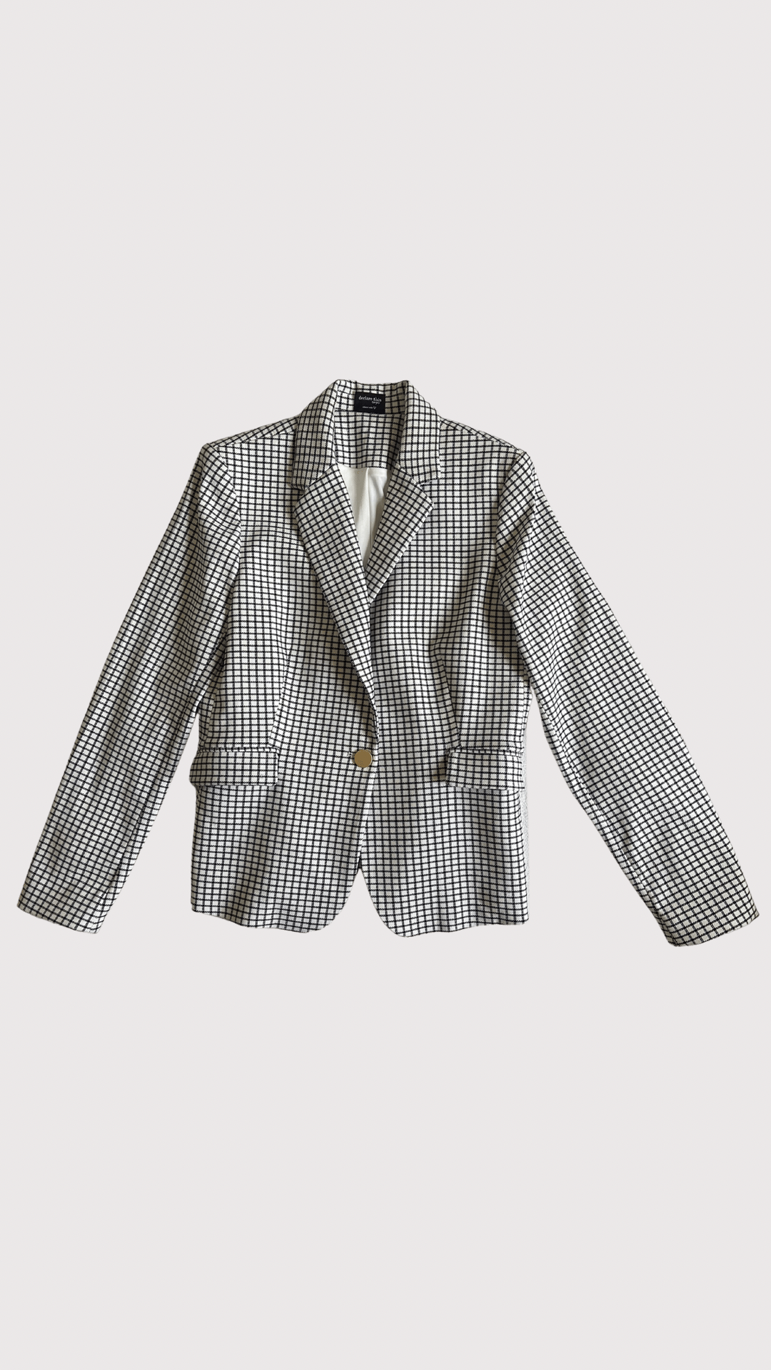 black and white checkered blazer with "in the image" painted on back and gold buttons