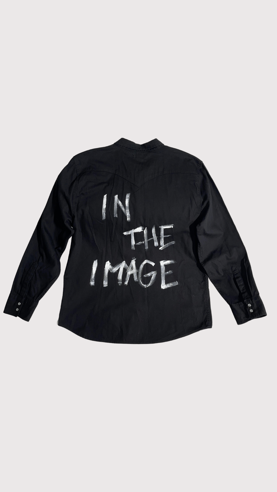 Men's upcycled black shacket button down with "in the image" painted on back